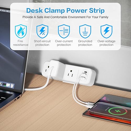 Miniatura 6 de Regleta de alimentación con abrazadera de escritorio de 3 salidas con USB C, enchufe plano blanco, enchufe plano blanco, enchufe de abrazadera de