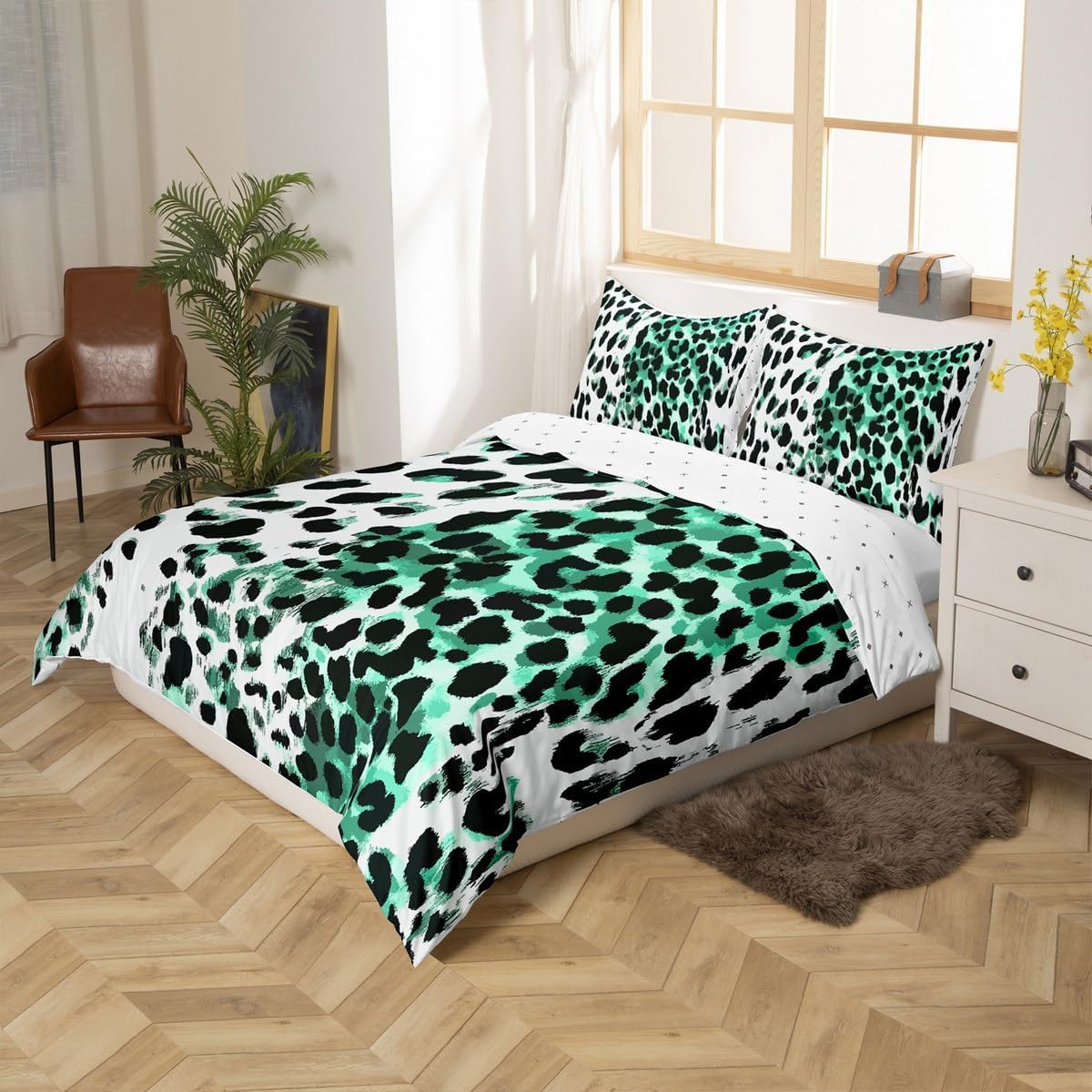 jejeloiu Green Leopard Print Duvet Cover Toddler Size Kids Cheetah Comforter Cover for Boys Girls Teens Animal Print Bedding Set Breathable Safari Bedroom Decor Bedclothes