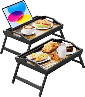 Easoger 2-Pack Bamboo Breakfast in Bed Trays with Folding Legs - 17x13 Inch Lap Tables for Eating, TV, Work, Recovery
