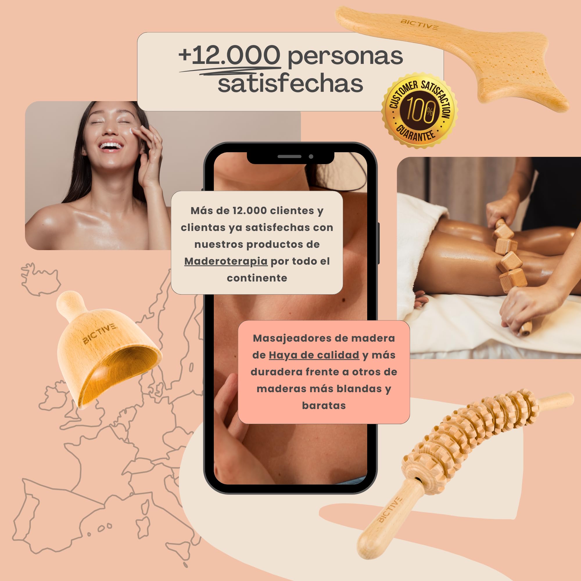Kit Rodillo Curvo y Tabla de Drenaje Linfatico de Maderoterapia Calidad Profesional. Masajeador Anticelulitico Reductor, Rodillo de Madera para Masaje de Piernas, Abdomen, Corporal Celulitis