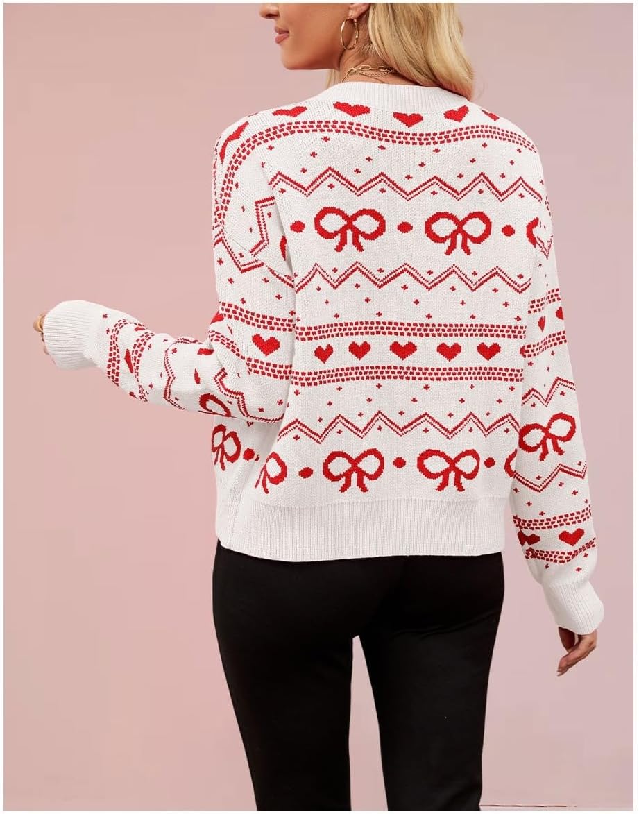 Valentine's Day Cardigan for Women Kawaii Cute Bow Heart Love Pattern Knitted Cropped Button Up Sweater Trendy Tops - Image 3