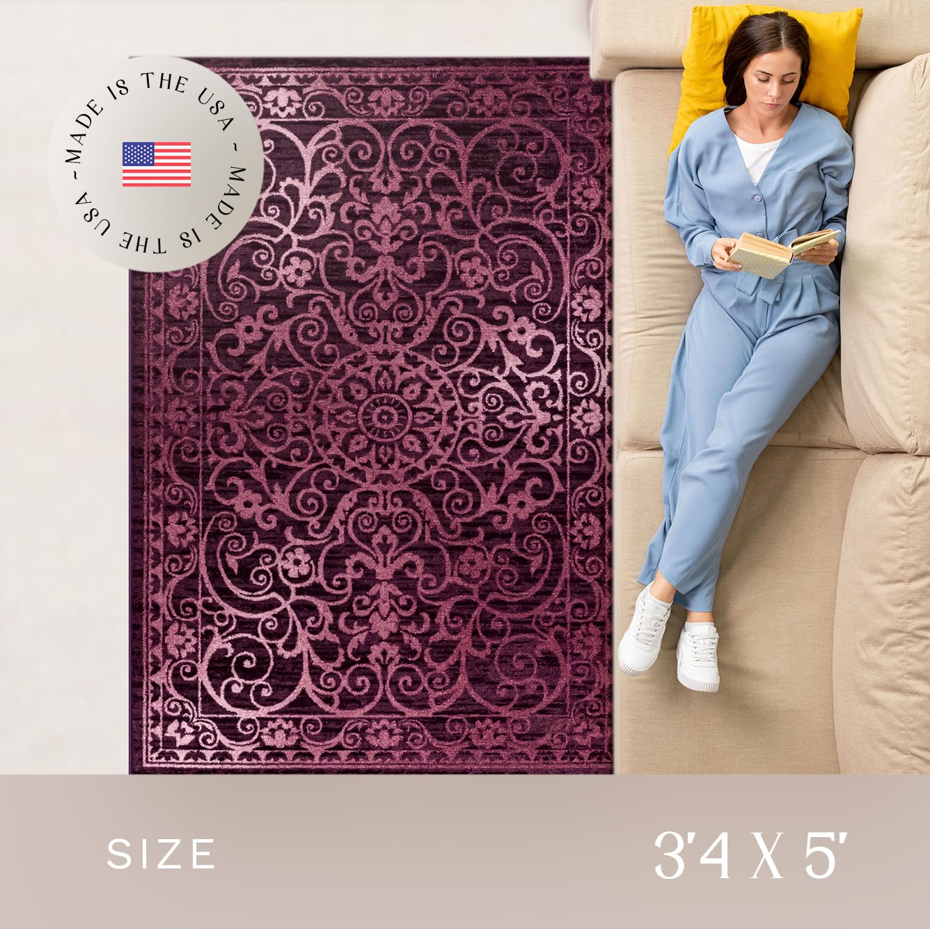 Maples Rugs Pelham Vintage Medallion Area Rugs - Made in USA - Low Pile, Non Slip, Pet-Friendly Mat for Bedroom, Office, Living & Dining Room, 5' x 7', Wineberry: Wineberry 3'4" x 5' (Rectangular)