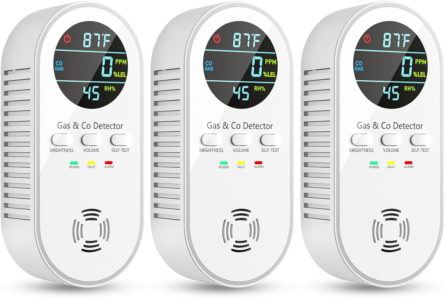 5-in-1 Carbon Monoxide Detectors, Natural Gas Leak Detector, Plug-in & Battery Backup Co Detector, HD Digital Display, CO Gas Temp Humidity Sensor, 3-Pcs, White