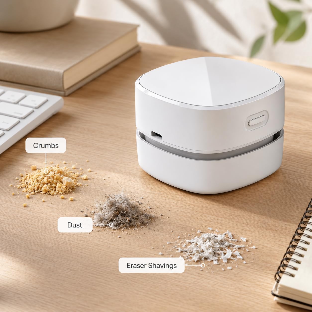 Mini Desktop Vacuum Cleaner, Cordless Rechargeable Desk Vacuum with Type-C Charging, Portable Handheld Crumb Cleaner for Keyboard, Table, Office, Dorm, Countertop, White