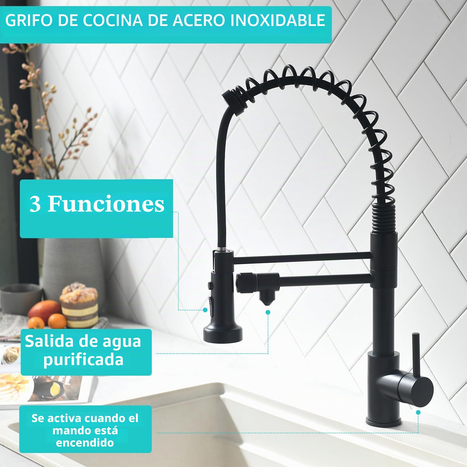 TIMACO Grifo de cocina de 3 vías negro con alcachofa extraíble, grifo de cocina giratorio 360°, mezclador monomando de acero inoxidable, grifo de fregadero con grifo de agua de 3 en 1 para filtro de