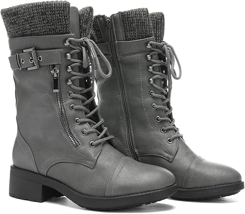 Miniatura 3 de DREAM PAIRS Botas militares de invierno con cordones a media pantorrilla para mujer