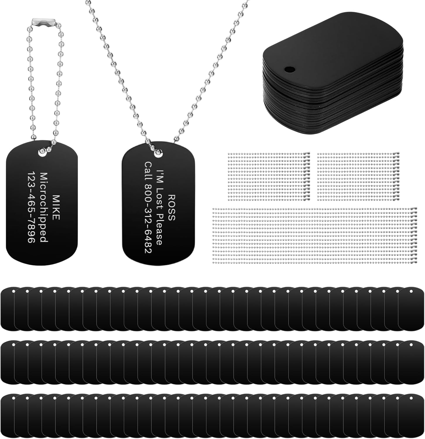 250 Pcs Military Dog Tags Set Including 100 Pcs 2 * 1 Inch Aluminum Blank Dog Tag and 150 Pcs Iron Necklace Chain, Engraving Rectangle Metal Blank Label Personalized for Pets, DIY Craft(Black)