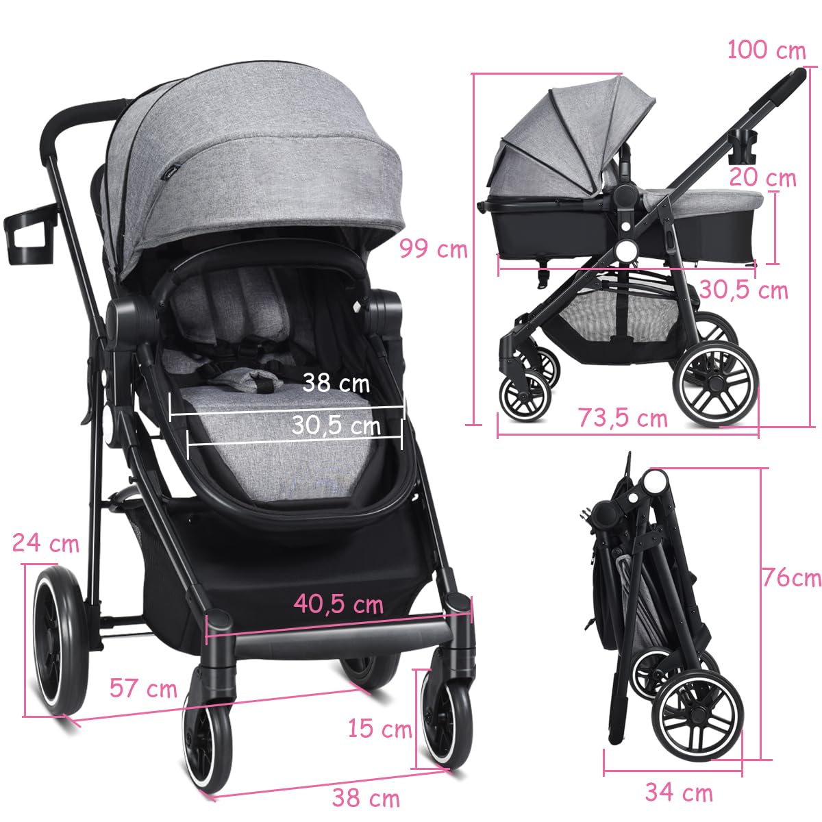 COSTWAY Poussette Canne Bébé Pliable 0-3 Ans avec Siège Réversible, Poussette Haute Paysage avec Auvent & Dossier Réglable, Frein à Pied, Harnais à 5 Points, Porte-gobelet, Charge 15kg(Gris)
