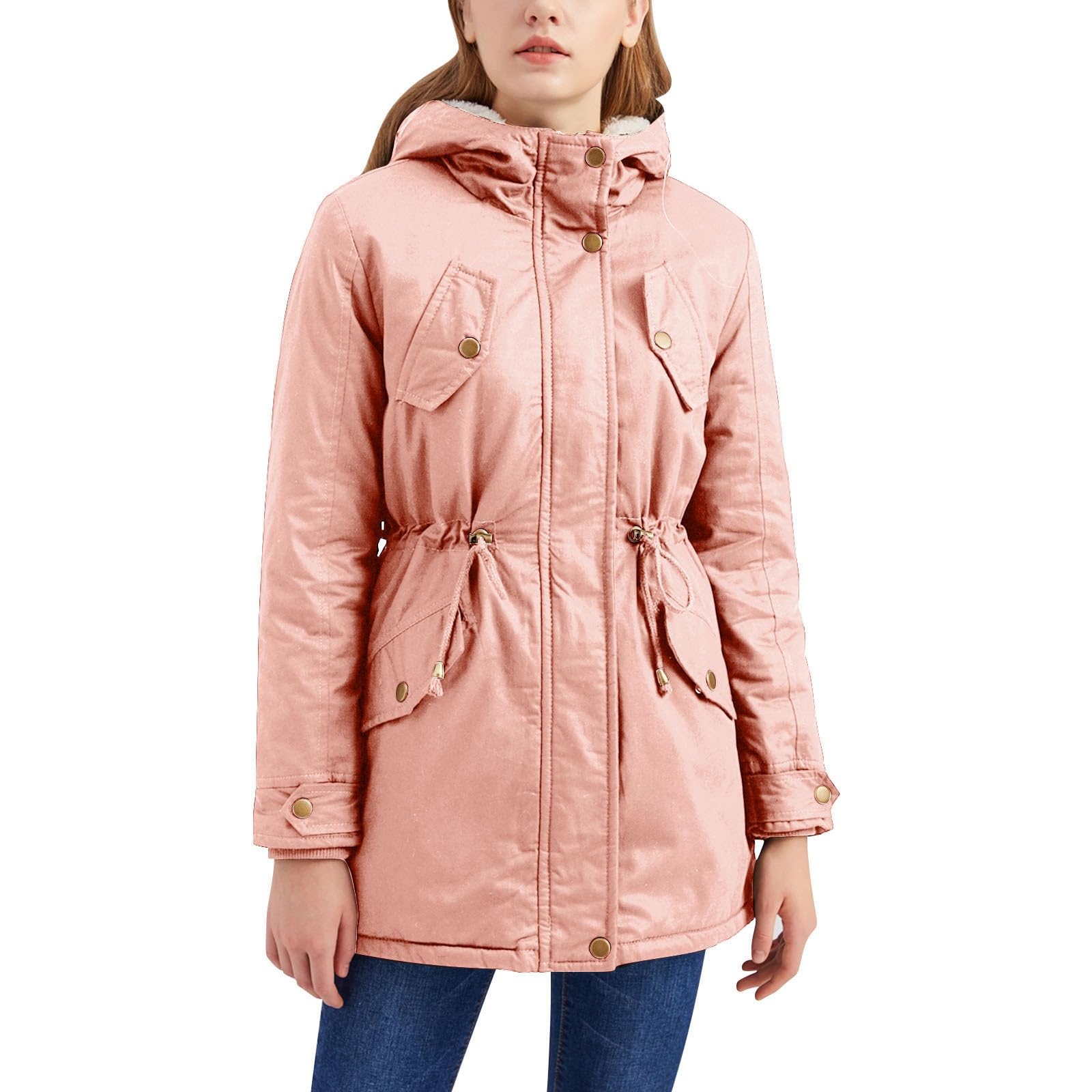 Generico Cappotto Doppiopetto Donna 𝐂orto Cappotto da Donna in Cotone Spesso Multitasche a Maniche Lunghe con Cappuccio in Tinta Unita in Pile Tinta Unita Piumino Elegante Donna