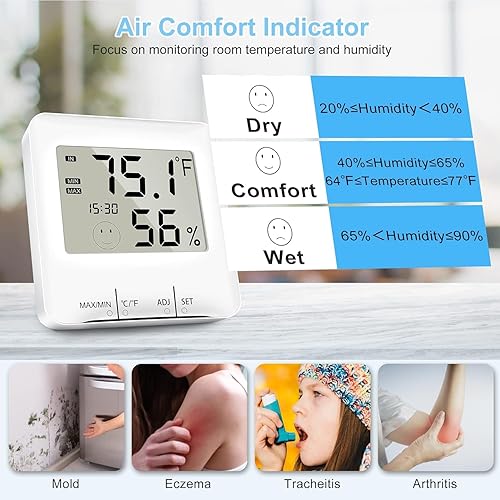 Miniatura 3 de NICE-POWER Termómetro de habitación higrómetro digital medidor de humedad con registros máximos y mínimos, reloj y alarma, monitor de humedad de