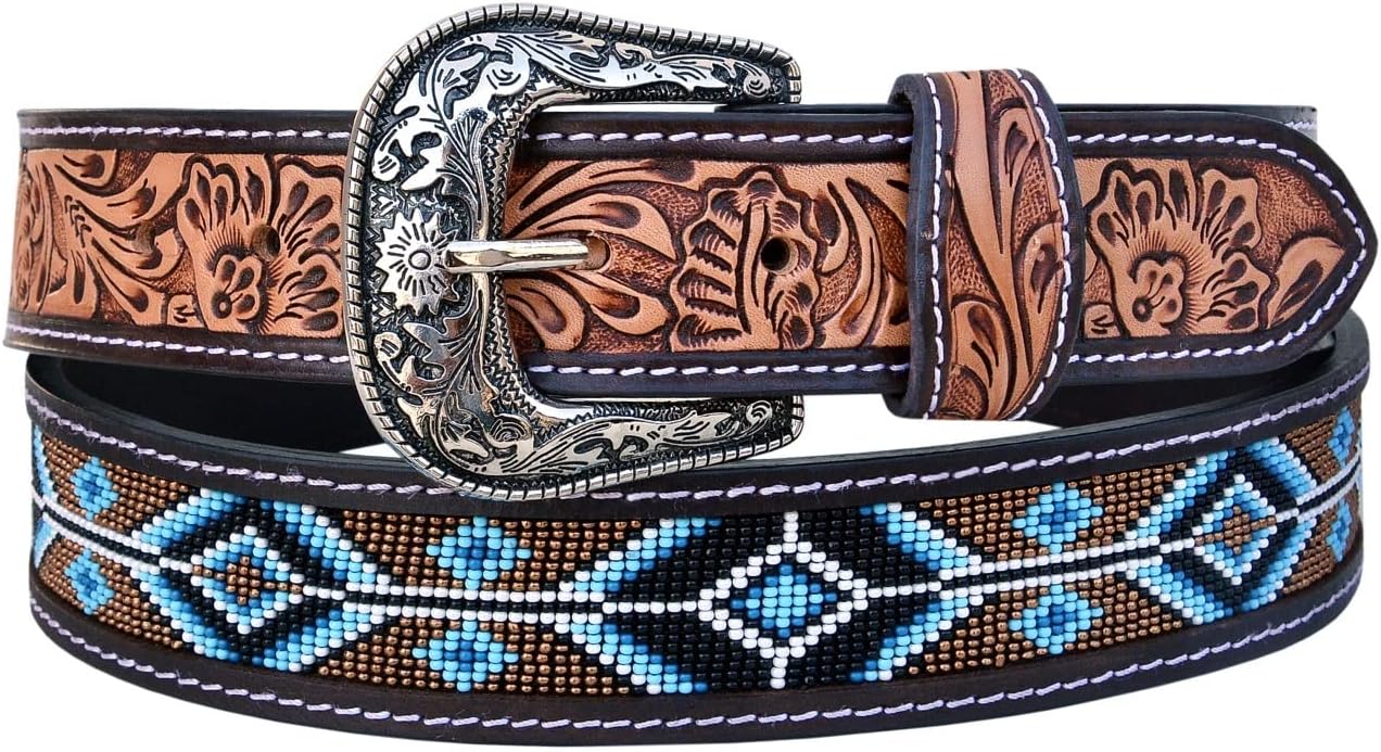 Affilare Western Floral Tooled Belt - Genuine Leather Beaded Belt For Men and Women 30AB006