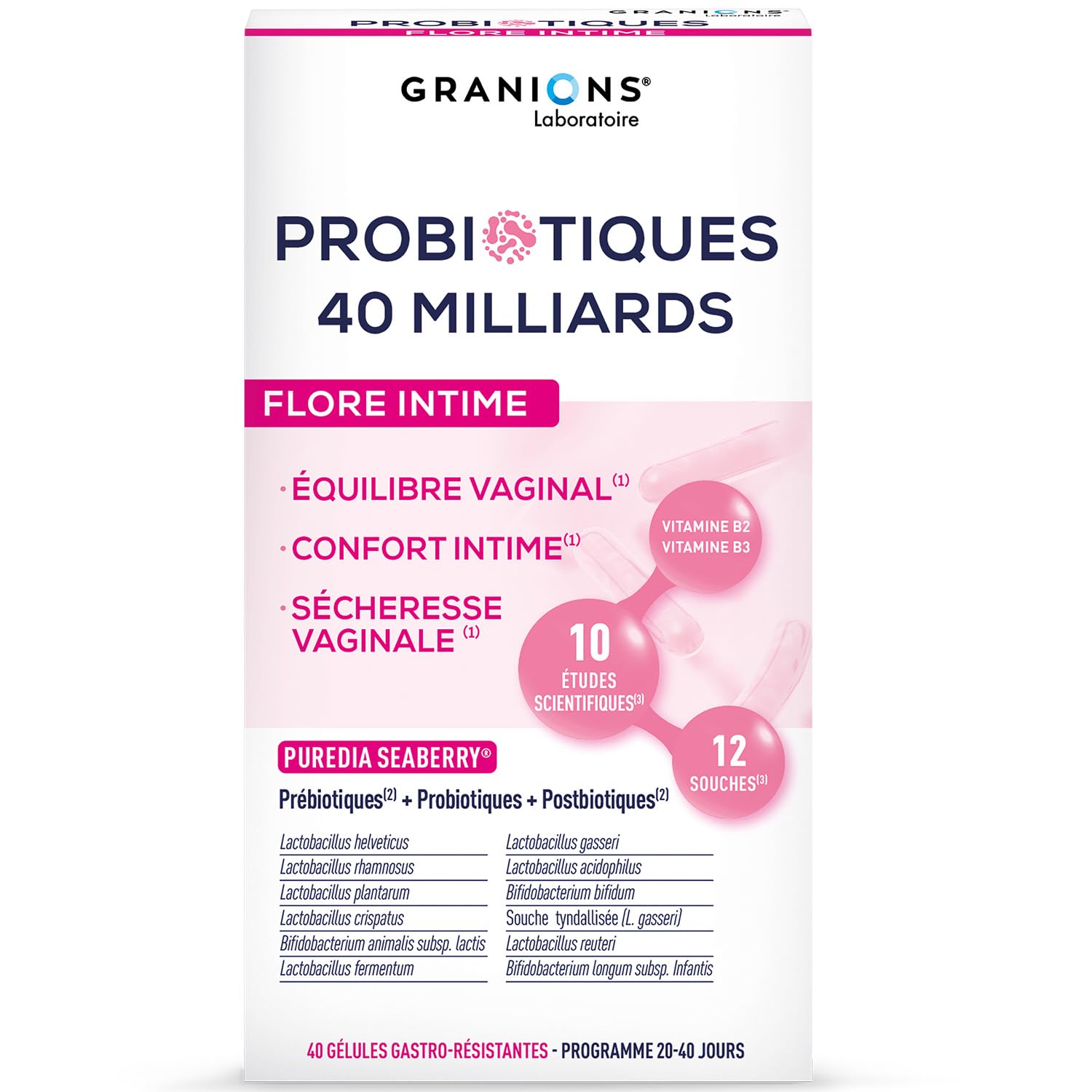 12 souches dont Lactobacillus rhamnosus à 17,75 milliards d'UFC — positionnement flore intime et vaginale