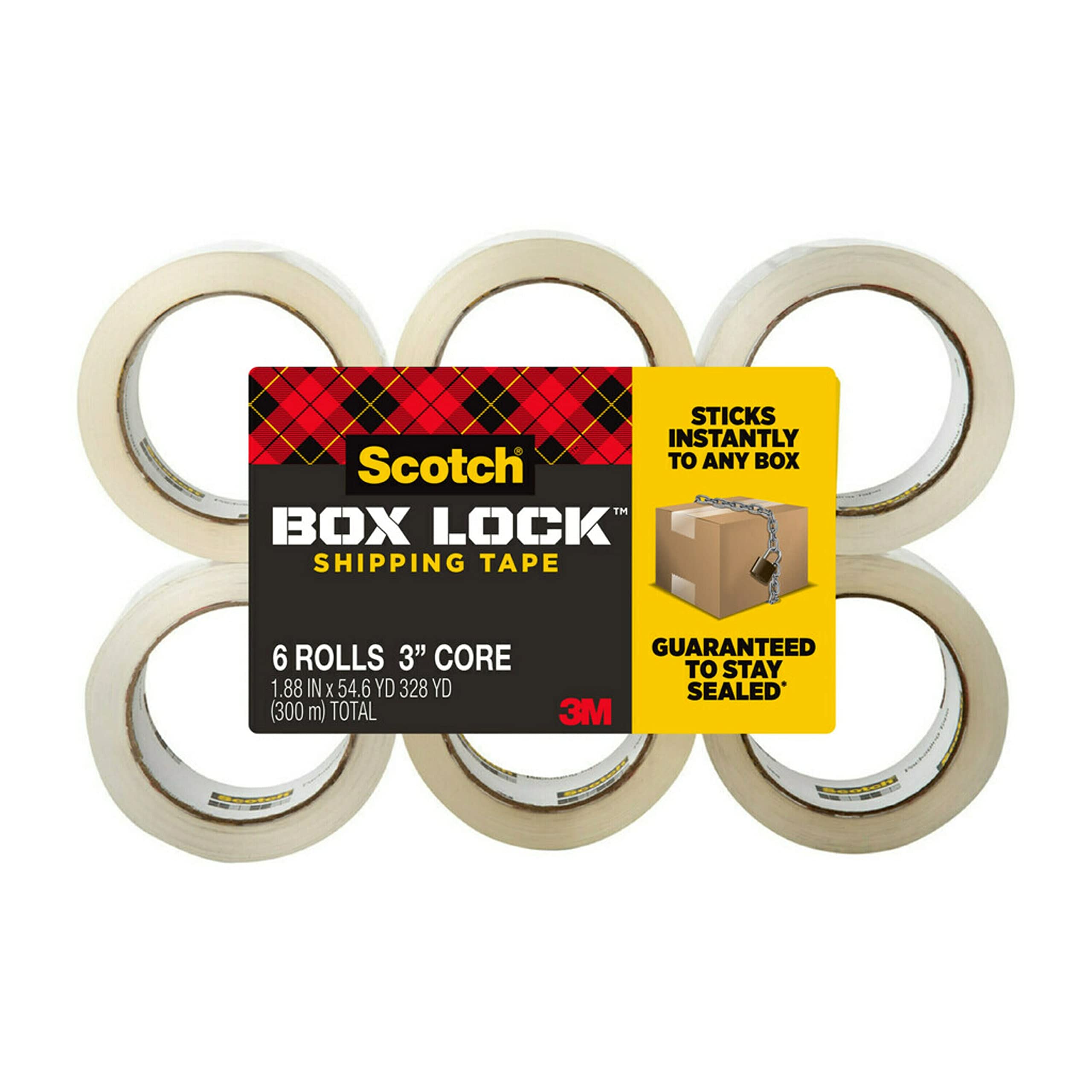 Scotch Box Lock Packaging Tape, 6 Rolls, 1.88 in x 54.6 yd, Extreme Grip Packing, Shipping and Mailing Tape, Sticks Instantly to Any Box (3950-6)