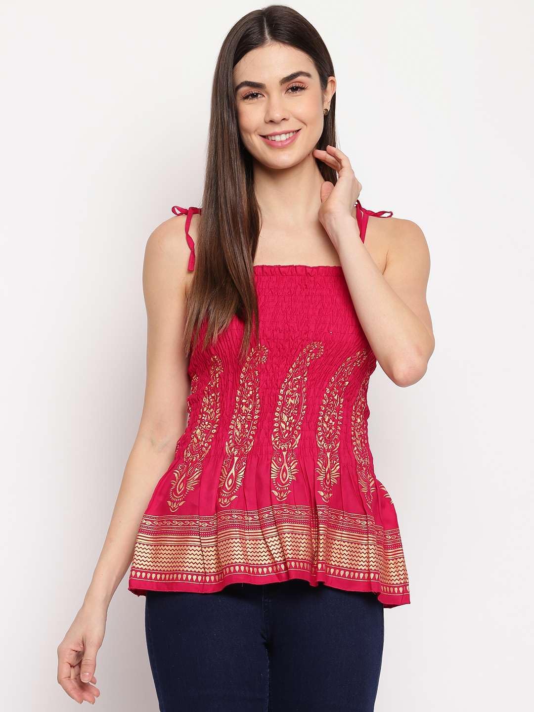 Bigdave Women's Rayon Printed Casual Summer Style Tie Shoulder Straps Free Size Tank Top (Maroon Gold Pattern)
