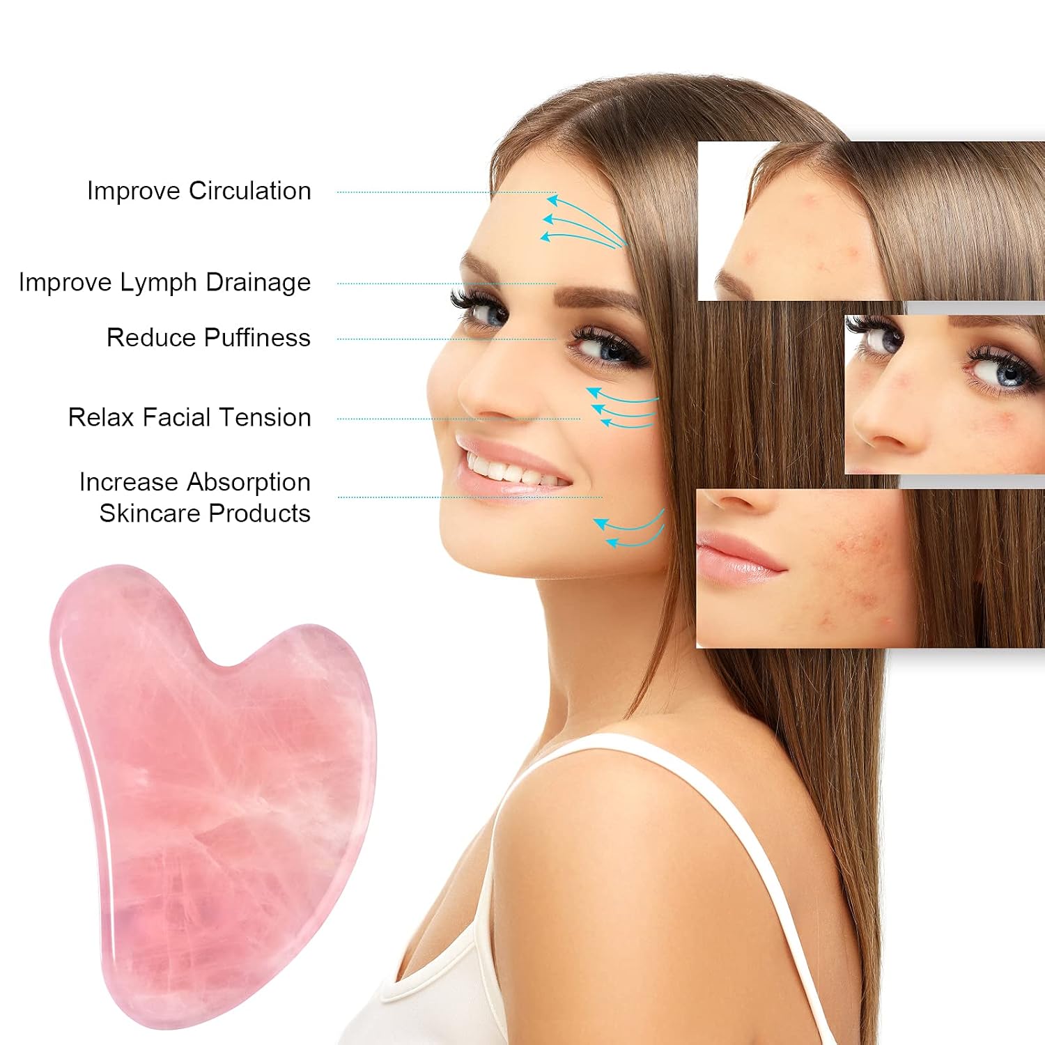 Gua Sha Facial Tools,guasha tool for face,face tools, Gua Sha Rose Quartz,Natural Jade GuaSha tool With Smooth Edge for Physical Therapy and SPA,Guasha Stone Board Used for Face,Eyes, Neck and Body.