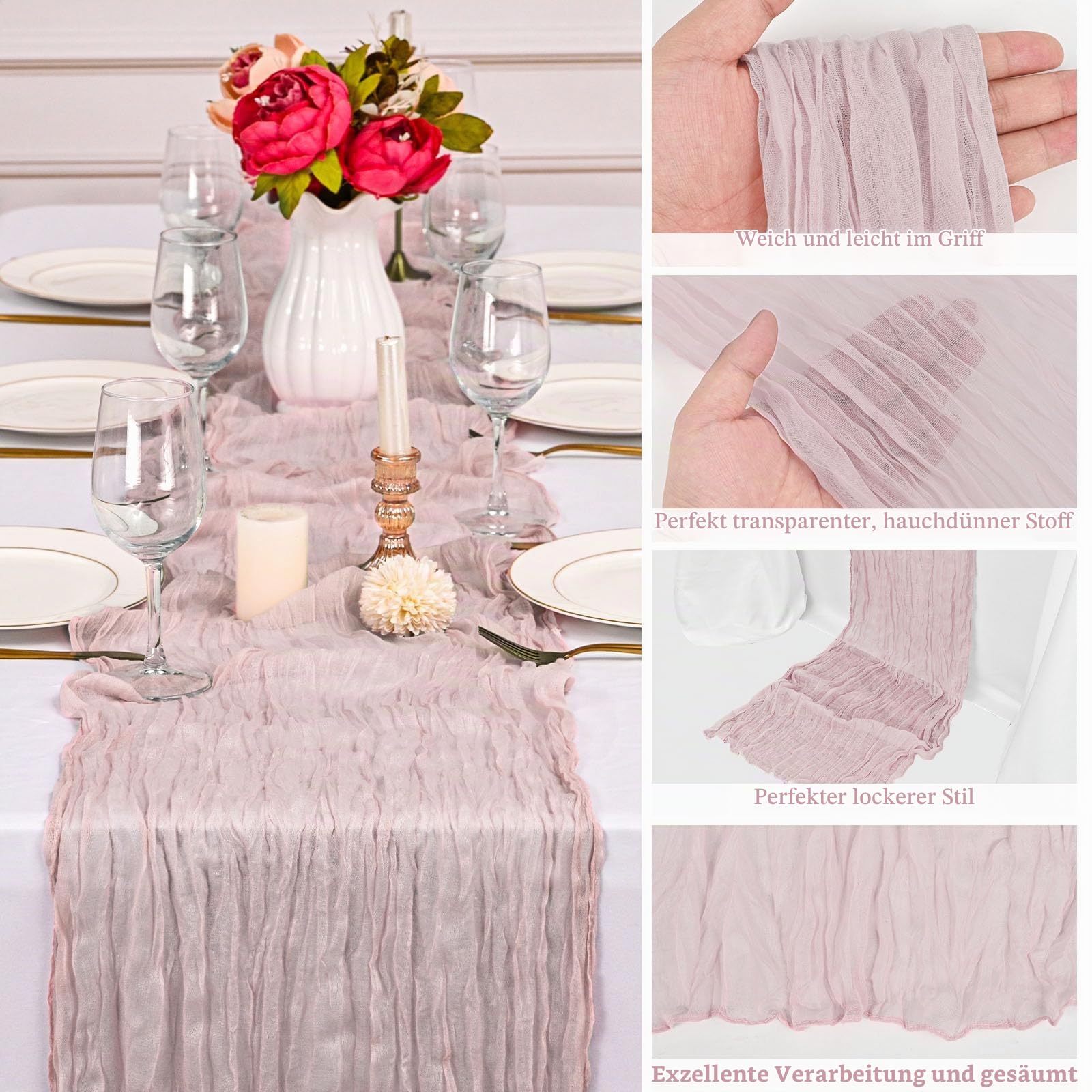 6 Stück Staubiges Rosa Tischläufer,55 x 300 cm Cheesecloth Tischläufer