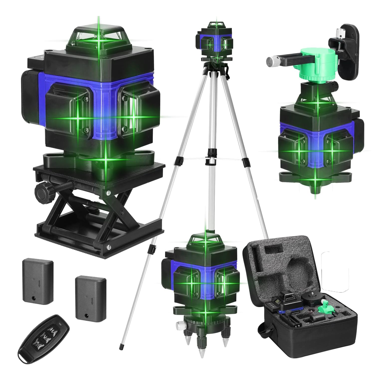 Geevorks Nivel Láser Autonivelante 3°,4D 16 Líneas Laser Nivel Verde 2 Batería Recargable,Base de Rotación y Soporte Montado,Control Remoto y Control Móvil (Azul, con Trípode)