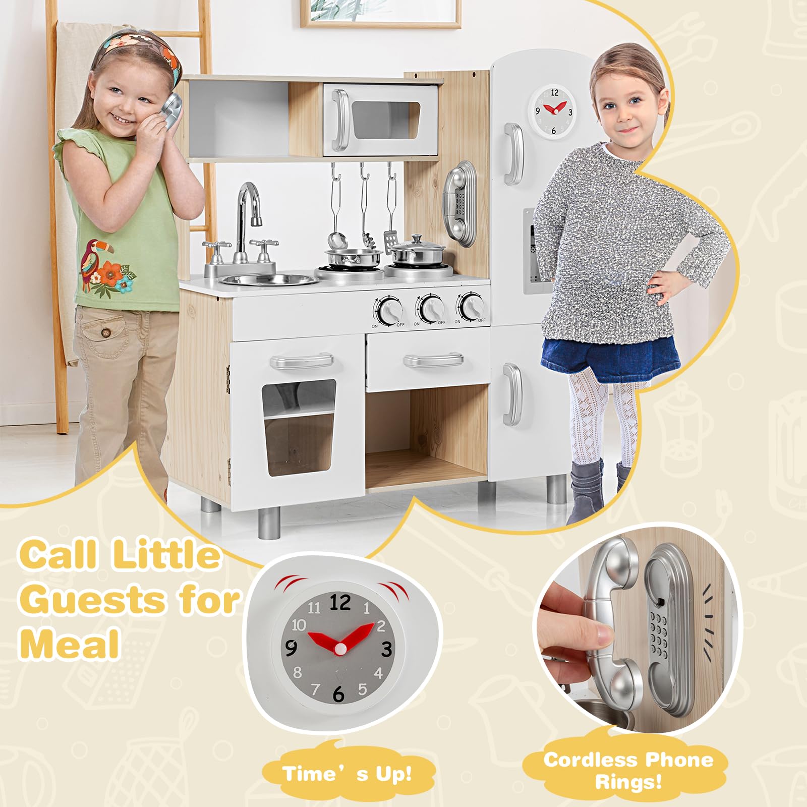 HOMASIS Cucina Giocattolo per Bambini Bianco, in Legno con l'Orologio, Set da Gioco Educativo dai 3 Anni in Su