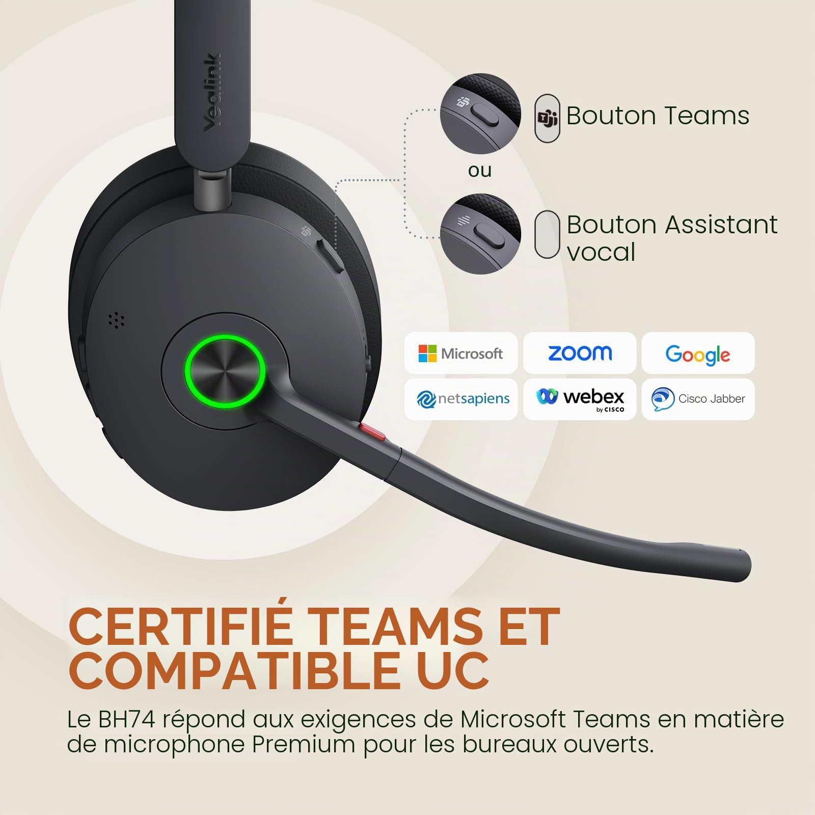 Yealink BH74 ANC Casque Bluetooth sans Fil, 6 Microphones avec Réduction, Casque PC sans Fil, autonomie de 32 h en Conversation, certifié Microsoft Teams et Zoom pour Les espaces de Travail Ouverts