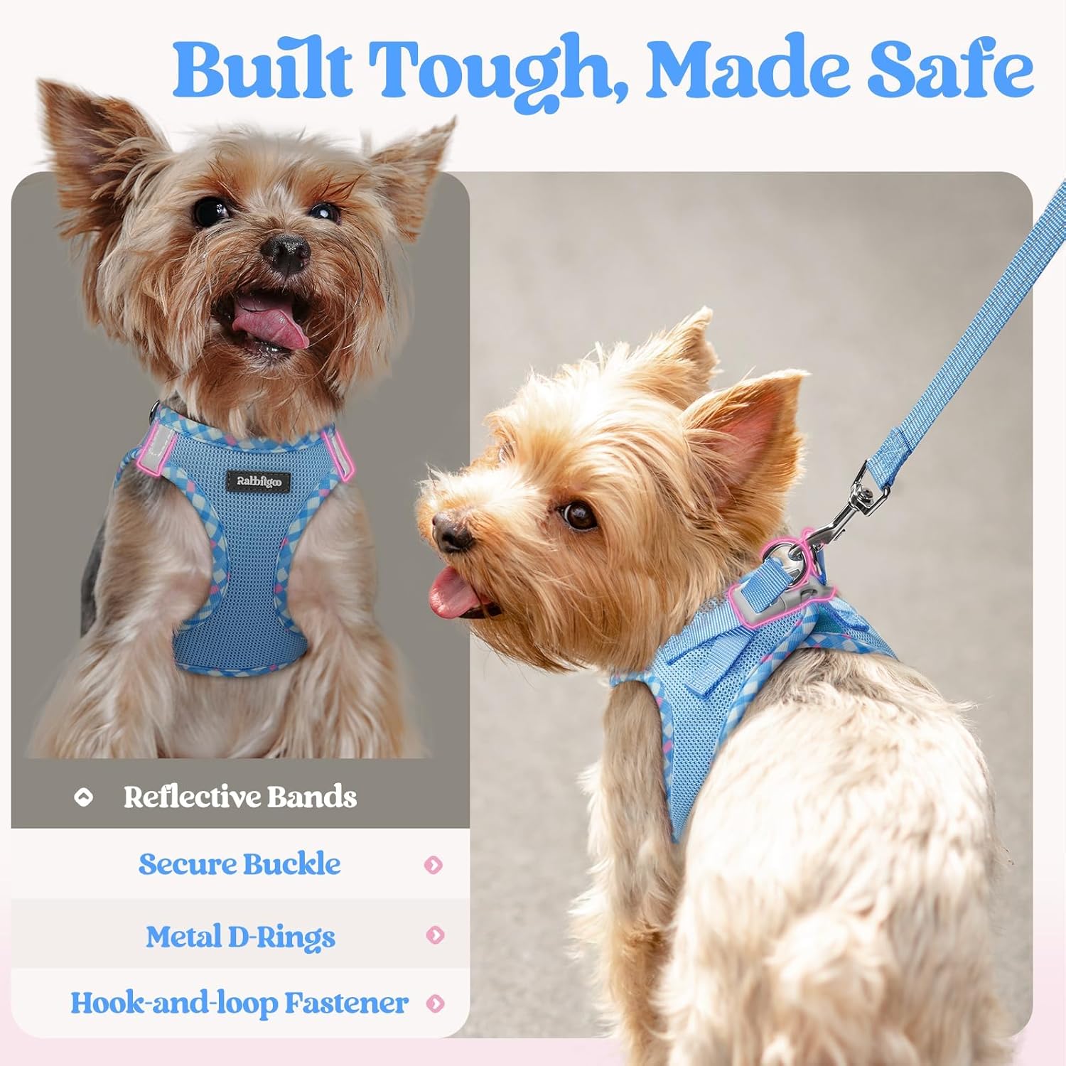 rabbitgoo Dog Harness Small Sized and Leash Set, Step in Soft Light Puppy Vest, Breathable Mesh Pet Harness, Reflective for Safe Easy Walking, Blue & Plaid Trim XXS