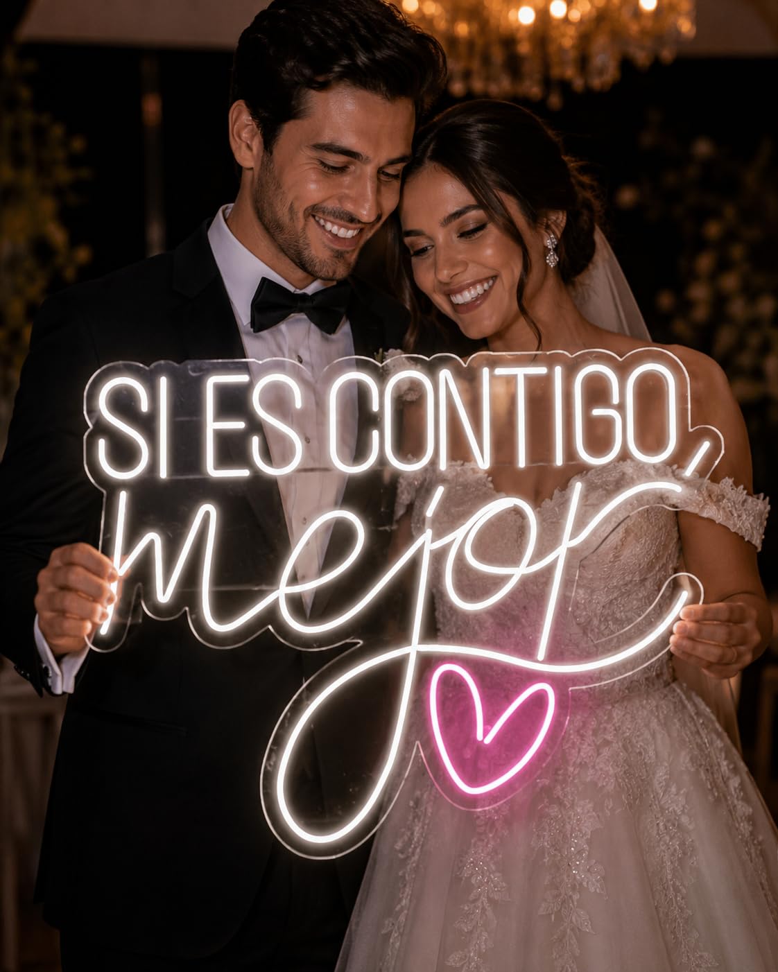 Letrero de Neón LED 'Si es Contigo', Cartel Luminoso Decorativo con Corazón, Luz Blanca y Rosa 85CM X65 CM ALIMENTADOR 12 V