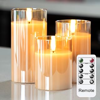 LUSHABOR Flameless Candles with Remote, 3 Pack Glass Battery Operated Candles with Timer, Real Wax Glass LED Candles Flickering Wedding Home Party Christmas D3 H4 5" 6" Gold