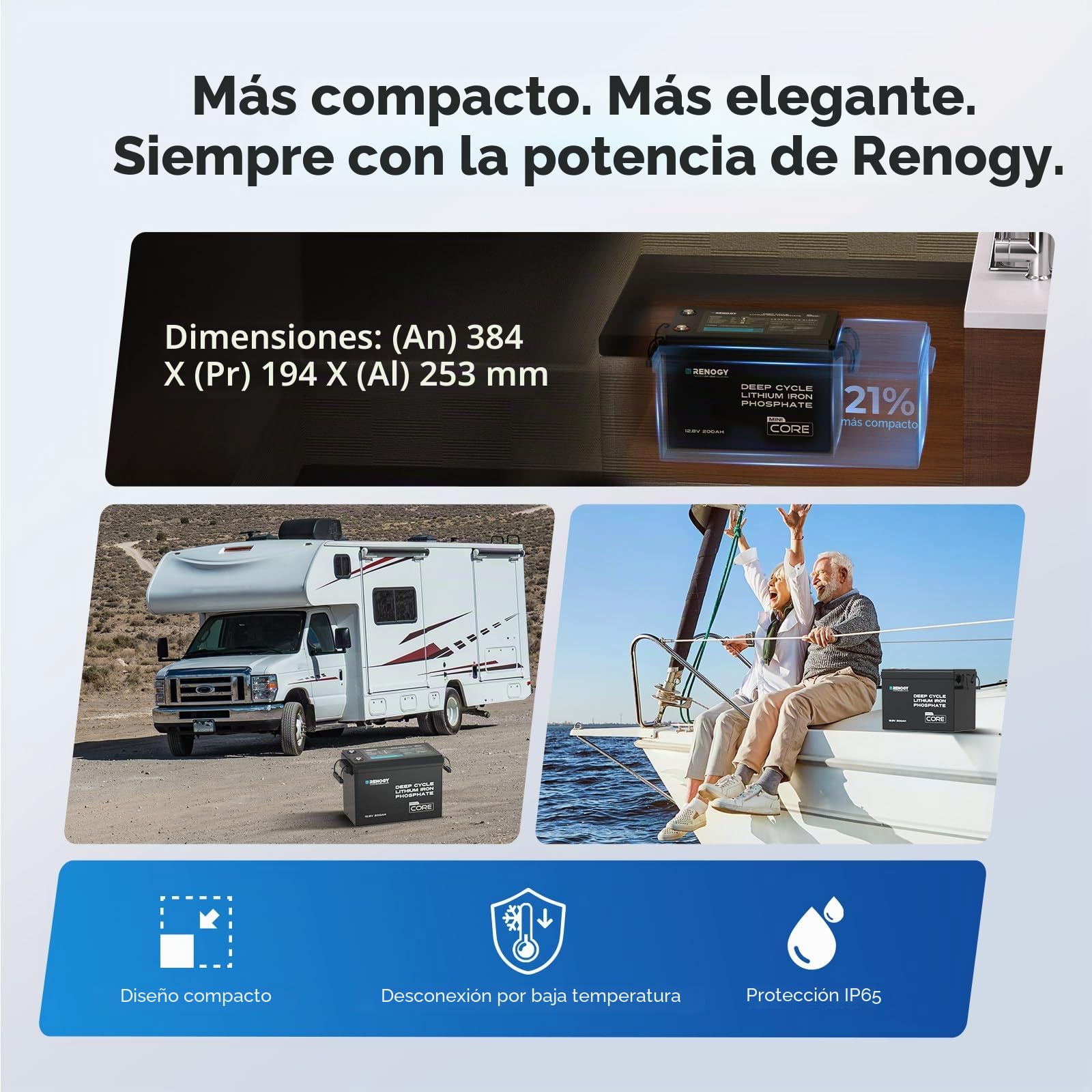 Renogy Batería de Litio-Fosfato de Hierro LiFePO4 Core Mini de 12V 200Ah, BMS Mejorado 200A 5000 Ciclos Función de Protección contra el Frío Batería de Litio para Autocaravanas Sistema Solar Caravana