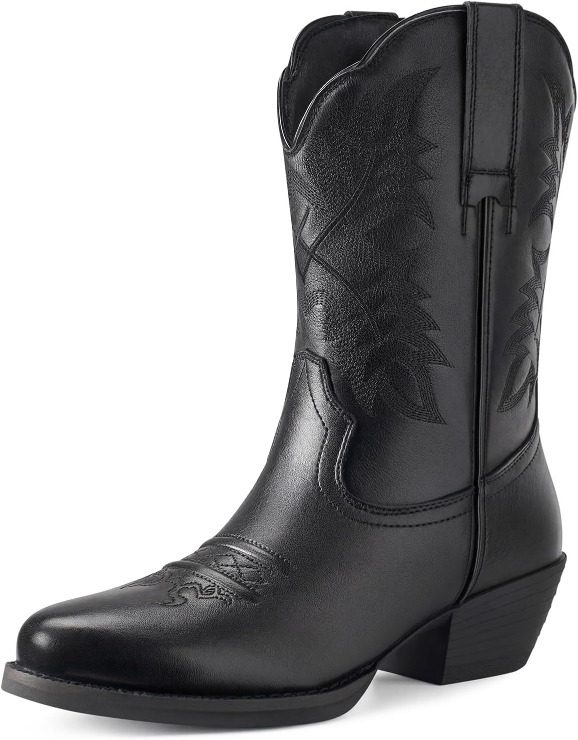 Rollda Leather Cowboy Boots for Women, Genuine Leather Womens Western Boots Mid Calf with Embroidery, Cowgirl Boots Round Toe Cuban Heel Pull On