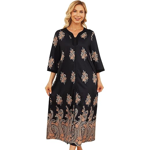 Print Nightgown Sleepwear V Neck House Dress Maxi Lounger Comfy Mumu Dresses Long Sleeve Cotton Zipper Bathrobe Duster Housecoat Grandma House Wear Sleepshirt