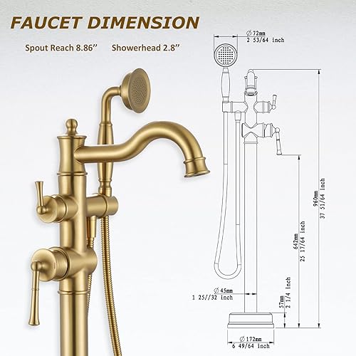 Miniatura 4 de Llenador de bañera independiente con ducha de mano con acabado dorado cepillado, boquilla giratoria con latón áspero y manguera de agua