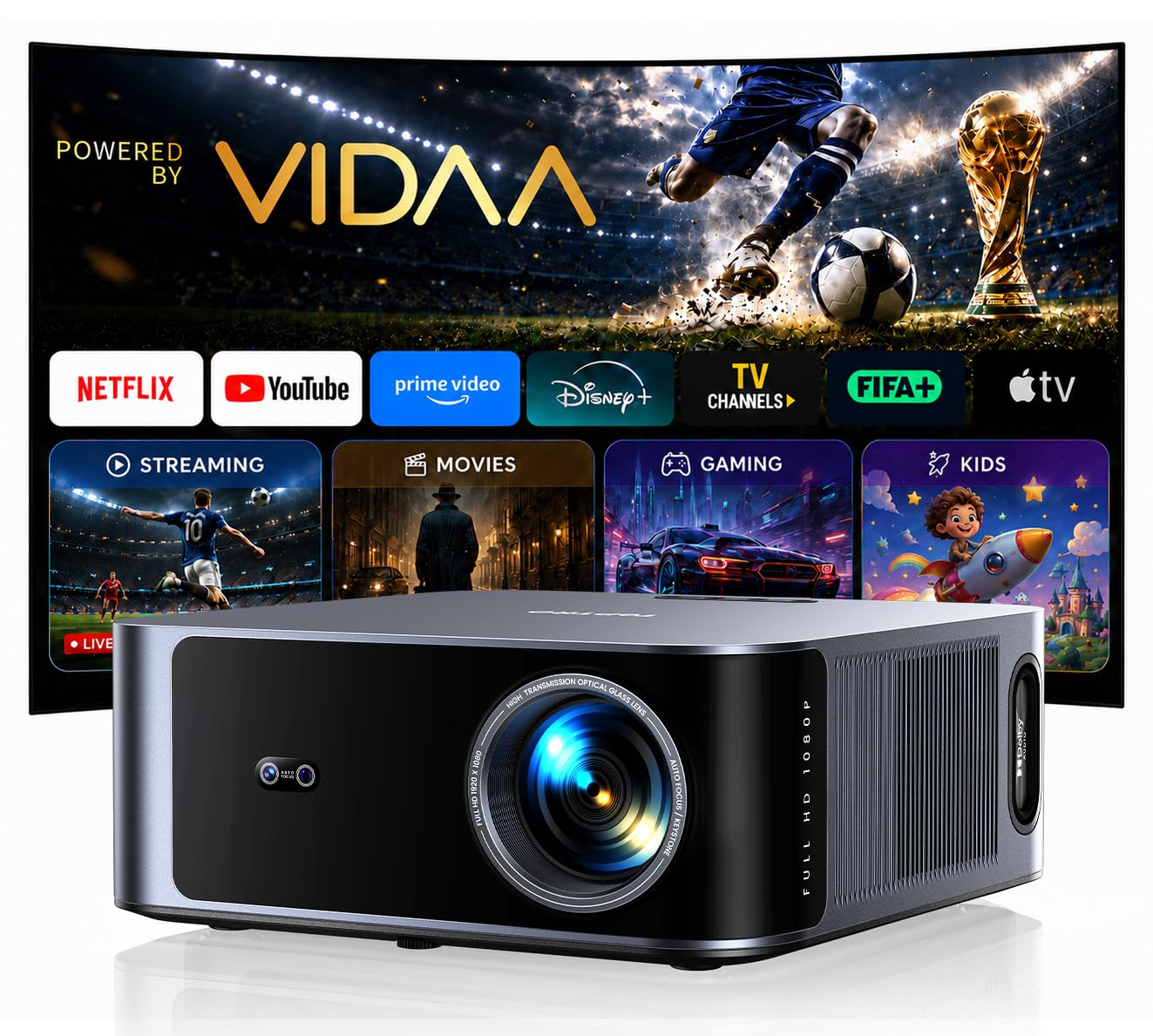 Proyector 4K【Alto Brillo 2000ANSI/VIDAA SO más rápido/40W Dolby Audio】Proyector Netflix Incluido TV en Directo, FHD1080P, HDR10, Auto Focus/Keystone, Control por Voz, BT5.4, para Exterior/Cine en Casa