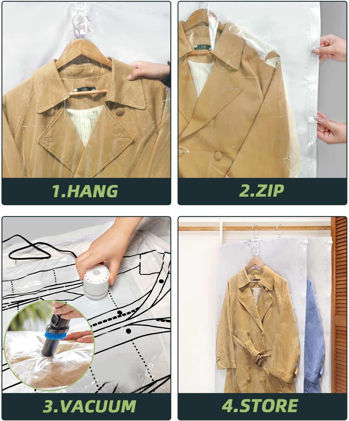 Colemoly Hanging Vacuum Storage Bags for Clothes Coats 6 Pack 49x27.6 Inches Space Saver Hanging Storage Vacuum Sealed Reusable Compressed for Suits, Dress, Jackets - Image 6