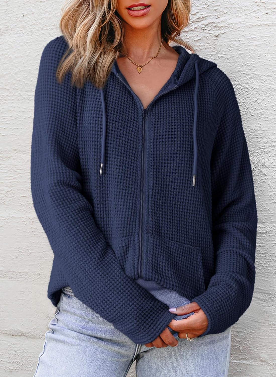 Dokotoo Women's Full Zip Up Hoodies Waffle Knit Long Sleeve Drawstring Casual Sweatshirt Hooded Tops - Image 4