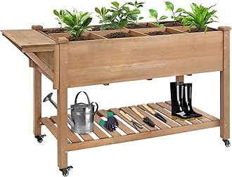 ketive Raised Garden Bed with Lockable Wheels Mobile Elevated Wood Planter,Storage Shelf, Protective Liner,55.5x24x32in (Brown)