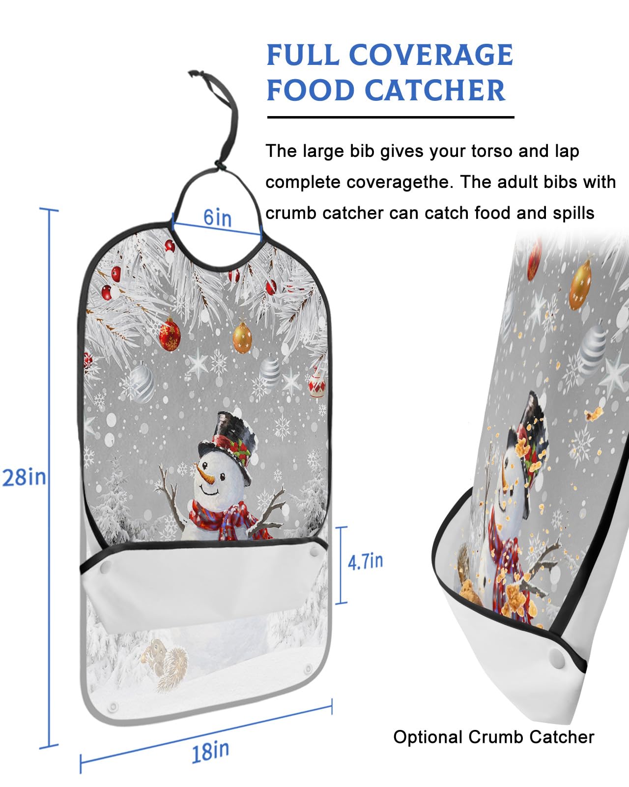 LEOKOTI Grey Snowman Christmas Adult Bibs for Eating, Waterproof Bibs with Food Catcher & Adjustable Snap Closure, Xmas Tree Balls Winter Snowflake Washable Clothing Protectors Adult Bibs for Elderly