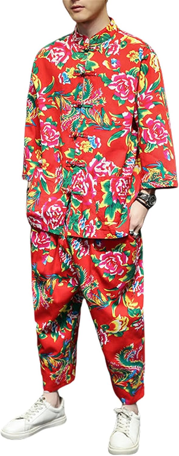 Men's Summer Tang Suit Hanfu Chinese Style Floral Seven-Sleeve Ancient Style Traditional Zhongshan Suit Set