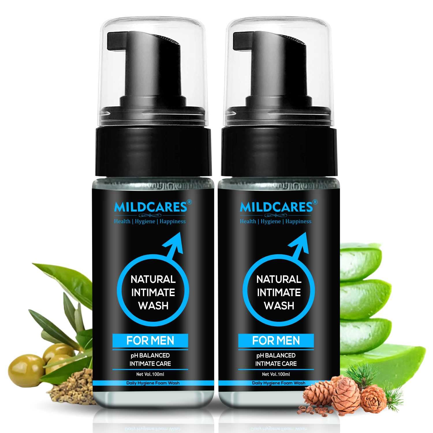 Mildcares Natural Intimate Wash For Men 100ml | Hydrates & Moisturizes | Foam Based, pH Balanced & Anti-Fungal | Tea Tree & Lemon Oil | For Dryness, Itchiness & Odour | Pee Safe Wash For Men & Boys