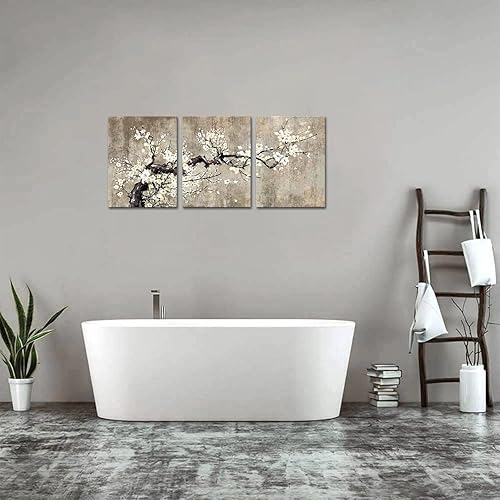 Miniatura 5 de YeiLnm Pintura de ramas de árbol de flor de cerezo blanco caqui 3 piezas de arte de pared de flores
