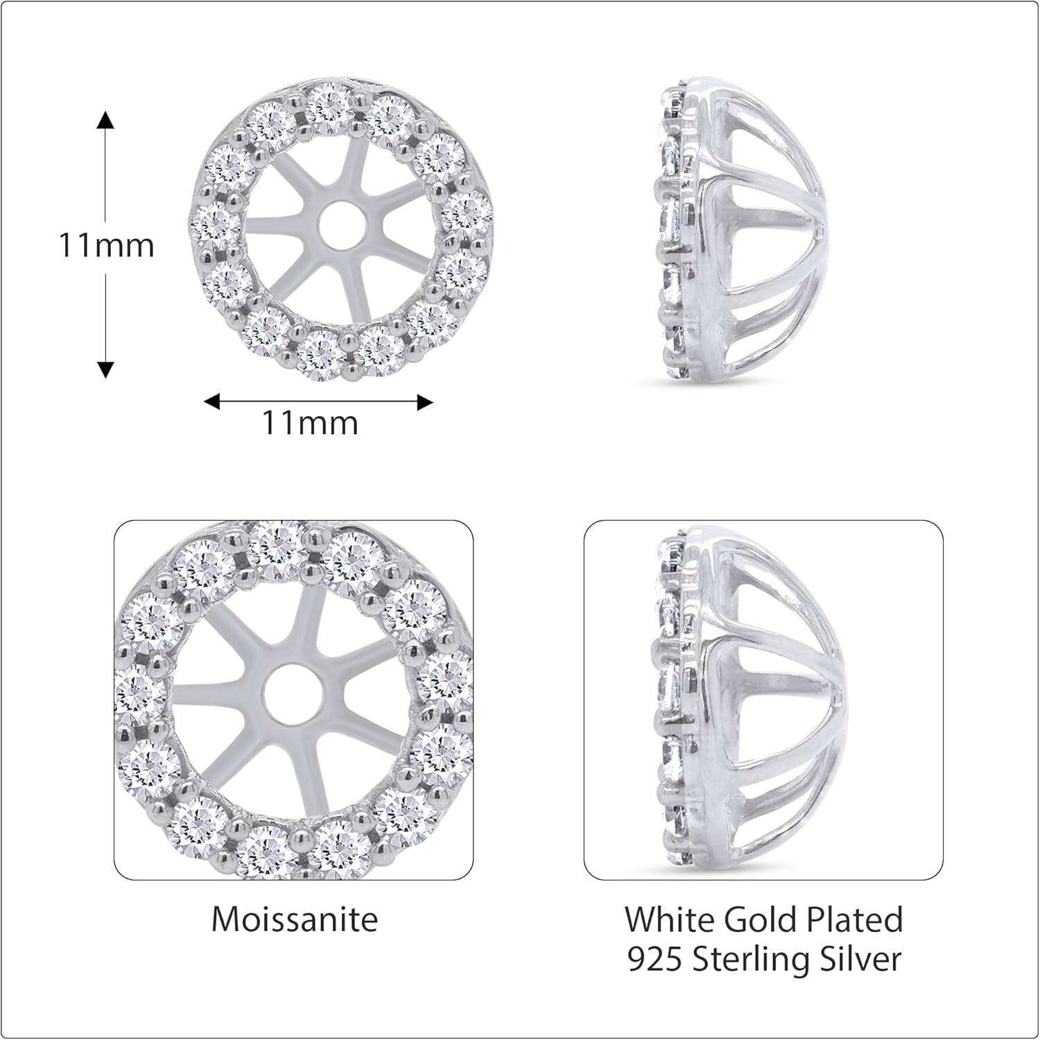Halo Women's Earring Jackets for Round Shape Studs with Lab Created Moissanite or Lab Grown Diamond ear jackets 14k Gold Over 925 Sterling Silver Jewelry Gift for Her - Image 2