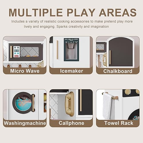 Miniatura 6 de Treocho Juego de juguetes de cocina para niños, cocina de madera con fregadero, horno, microondas, juego de cocina para niños pequeños, niñas y