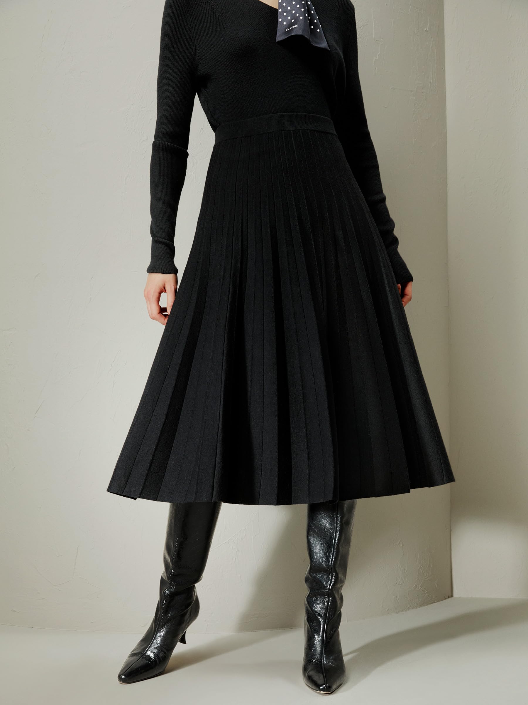 LilySilk 100% Merinowollrock Collegiate Ultrafein für Damen A-Linie Gestrickter Saum Winter Herbst Plissierter Rock Knielänge
