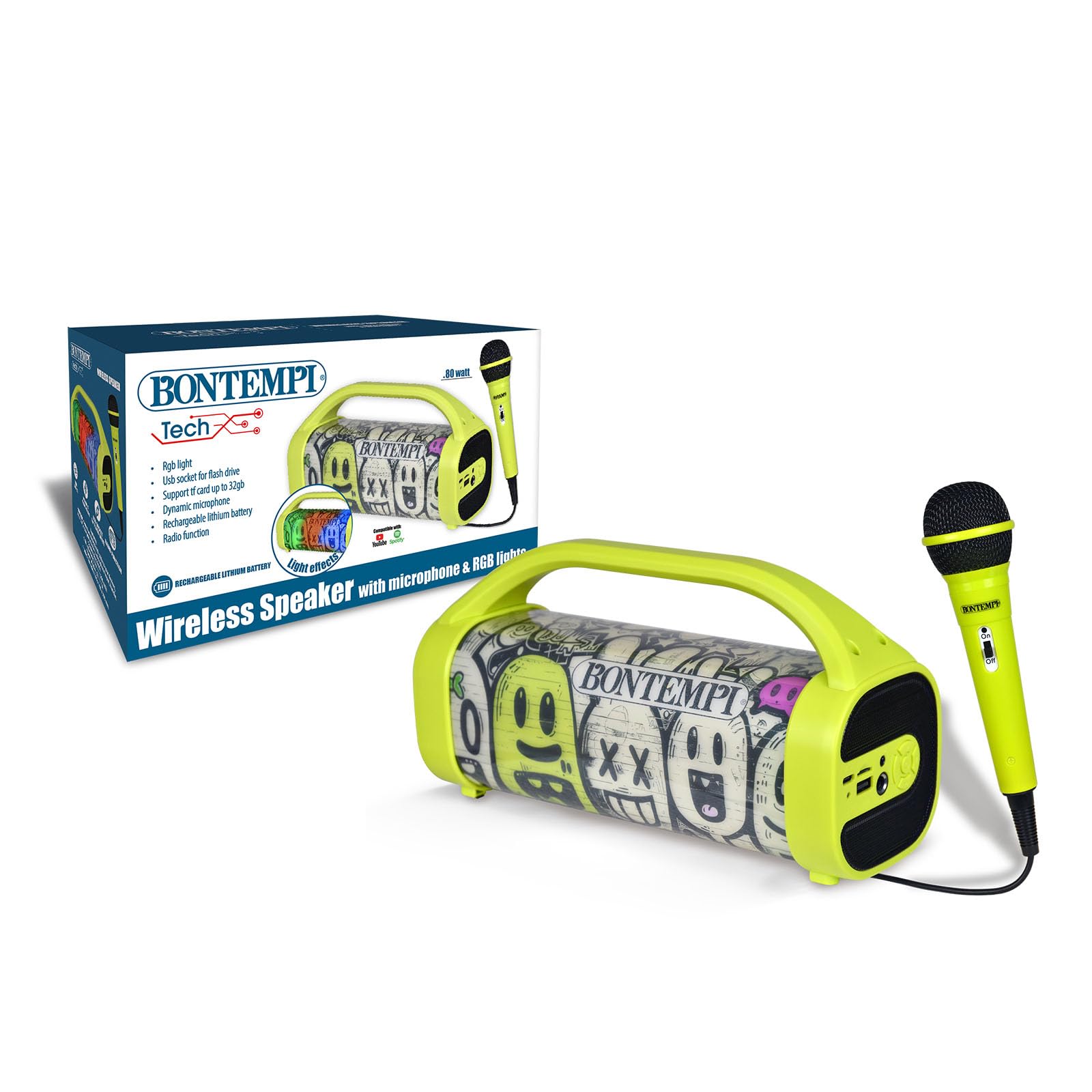 Bontempi | Cassa Wireless con Microfono e Luci RGB, Connessione USB Tipo-C, 25x21.5x9 cm