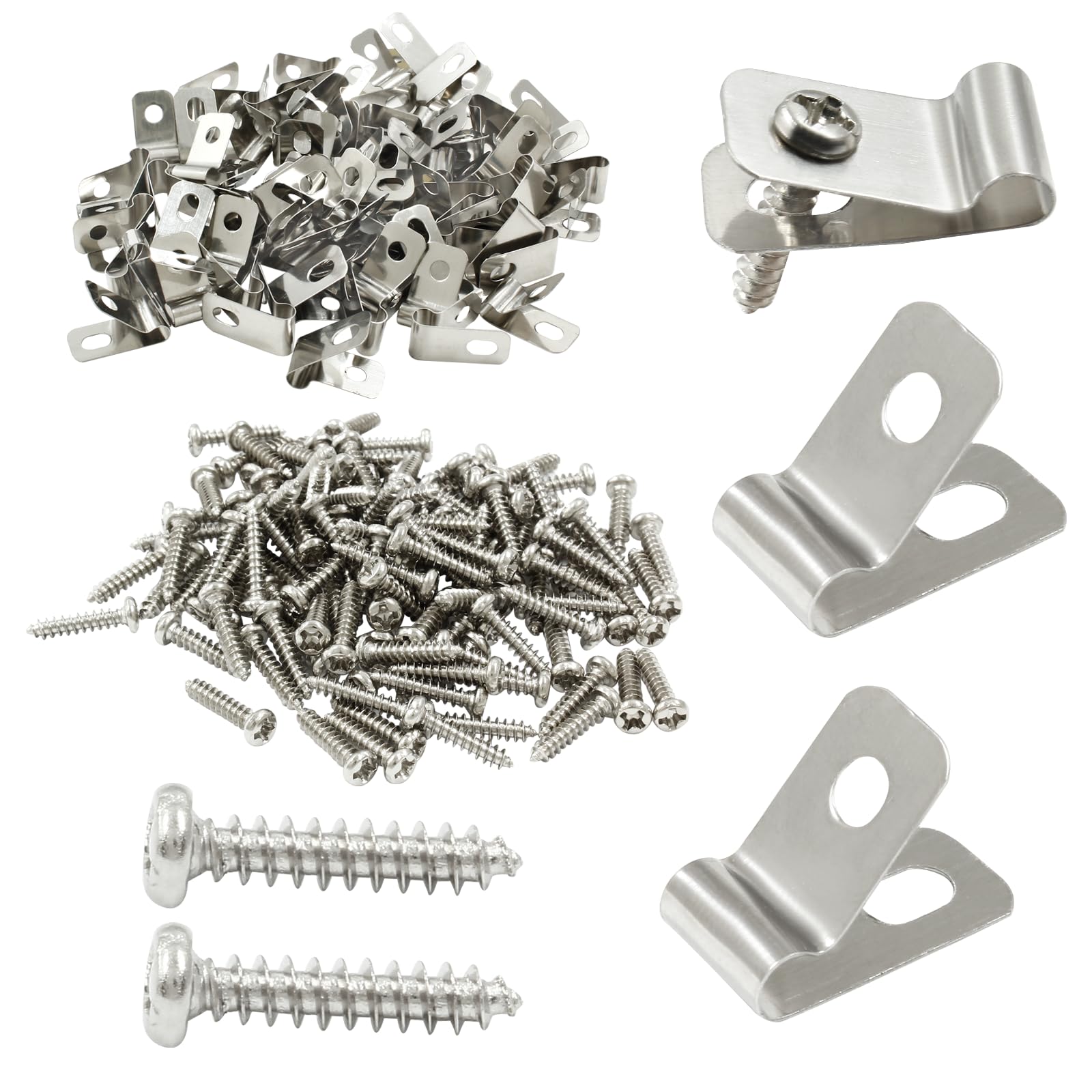 Hordion 100Pcs Wire Fence Clips with Screws, Stainless Steel Fencing Mounting Clips for 12-16 Gauge Welded Wire to Wood, Metal or Vinyl Fence