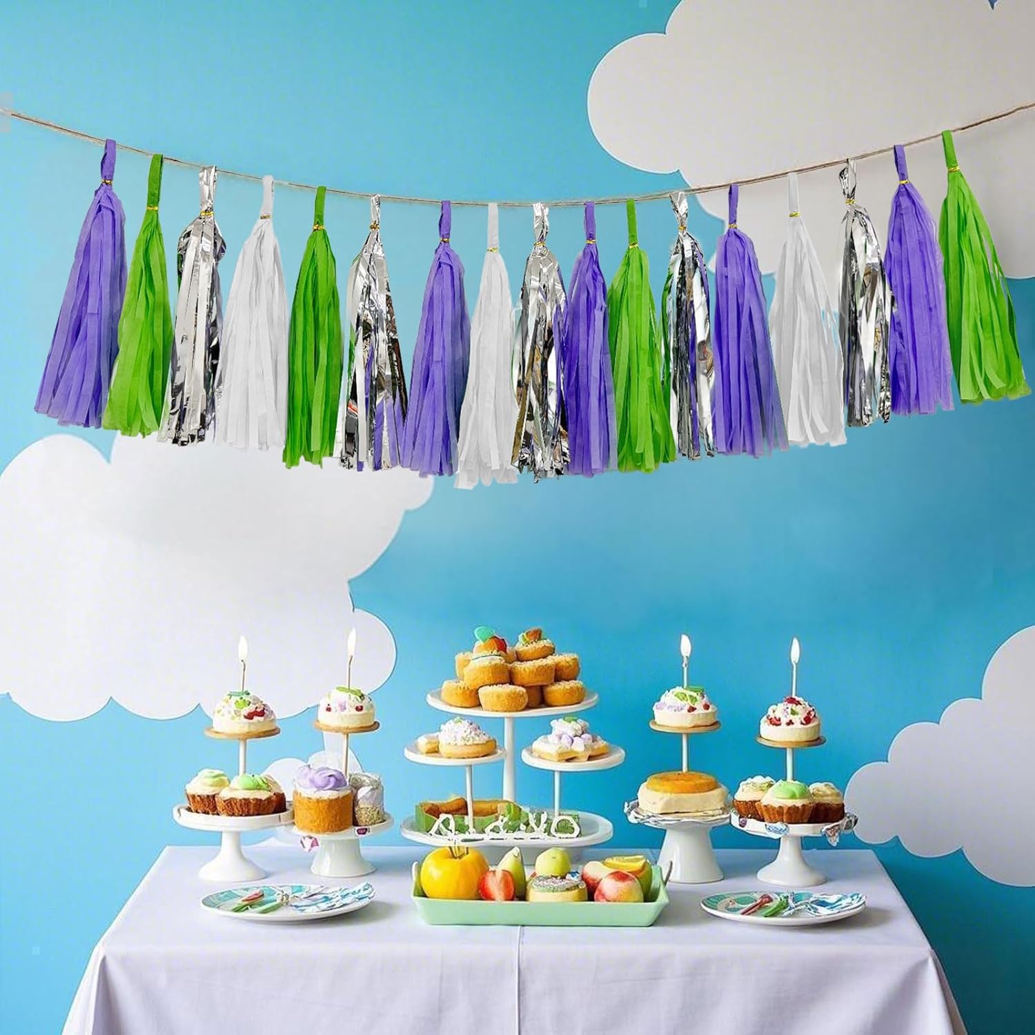 Tissue Paper Tassel Garland Banner, Purple Green Silver White, 20 PCS, Party Decorations for Birthday, Cartoon Themed Baby Shower,Sprot Game,Graduation - Image 4