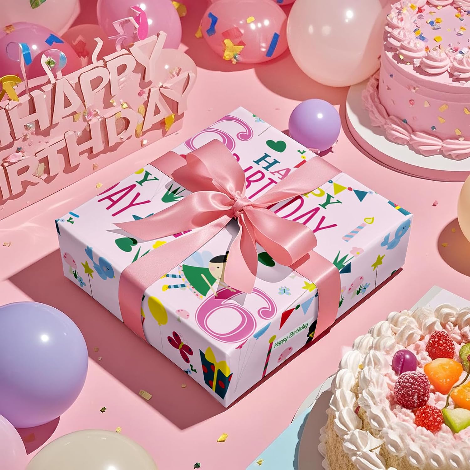 RUSPEPA Happy 6th Birthday Wrapping Paper Roll for Girls, Mini Roll, Pink Happy Birthday Girl Pattern Design for Party and More, 17 inches x 16.4 feet, 6 Years Old image 5