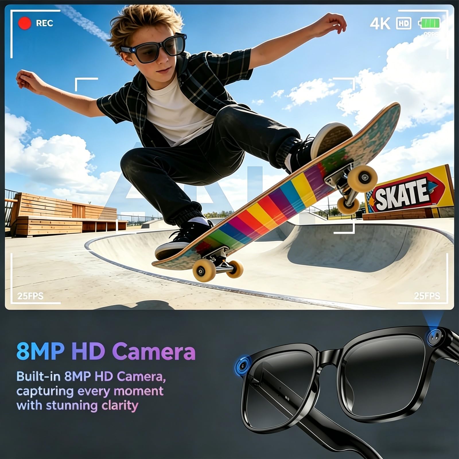 Smart Brille mit Kamera und Bluetooth, 800W HD Kamera, Open-Ear Audio Videoaufnahme Übersetzung KI-Brille mit elastischem Rahmen für Männer & Frauen, 300mAh Akku für Reisen, Laufen, Vlog, Meetings
