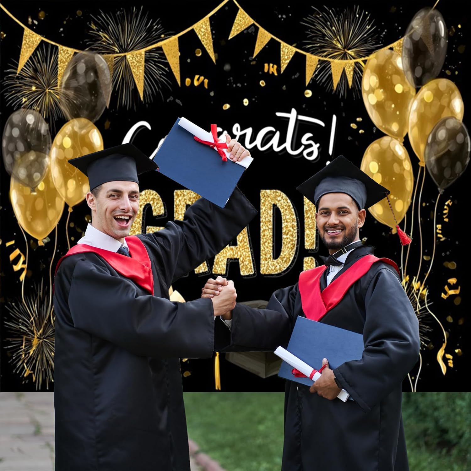 10x10ft Congrats Grad Backdrop Black and Gold Glitter Class of 2026 Graduation Photo Backdrops for Photoshoot Golden Balloon Fireworks Photography Background for College Graduation Decorations 2026