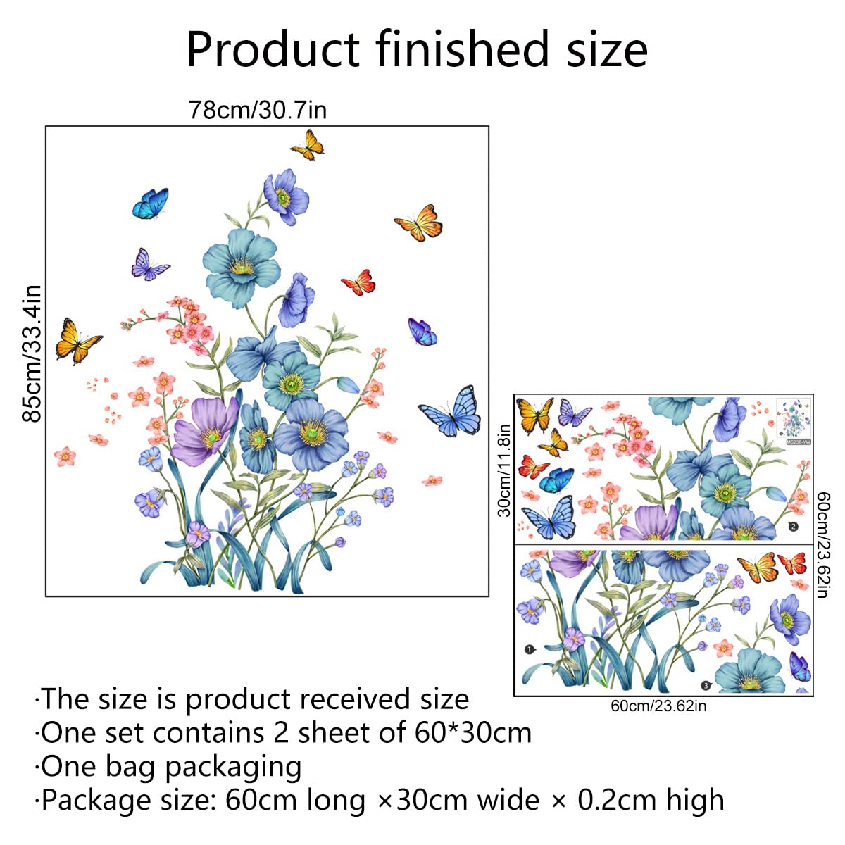 Adesivi Murali Fiori Acquerello - Decorazione Per Camera Ragazza, Soggiorno, 2 Fogli 30x60 Cm