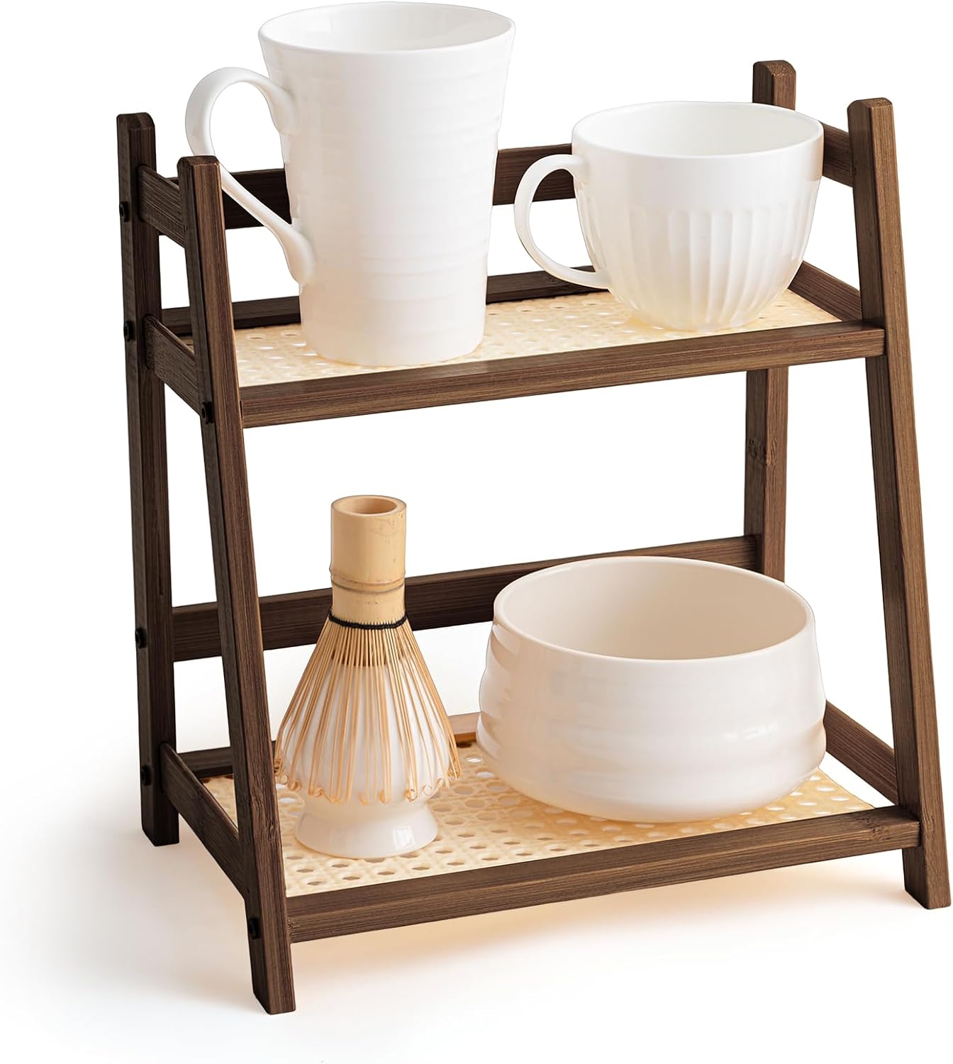 Yalikop 1 Pcs 2 Tier Matcha Station Shelf Bamboo Coffee Mug Stand Countertop Storage Rack, Double Layer Rattan Office Cup, Kitchen, Tea, Plant, Bar Accessories Condiment Display(Brown,17.7 Inch)