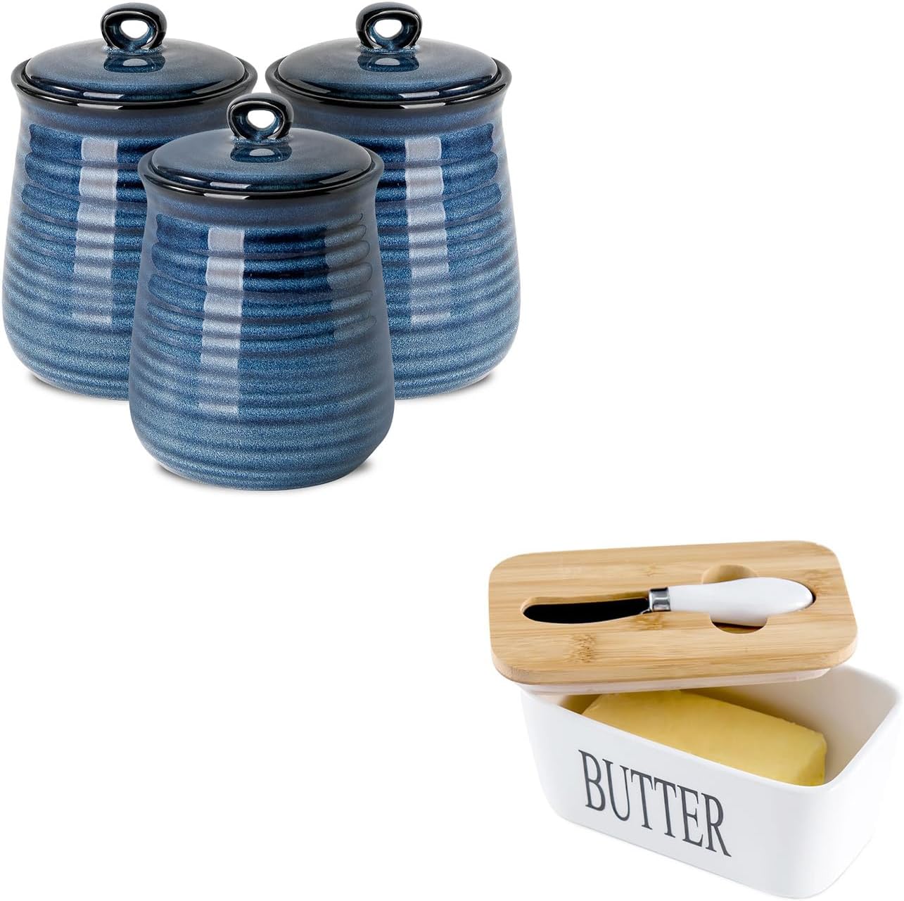 Hasense 25 OZ Coffee Canisters Set of 3 and White Butter Dish Bundle